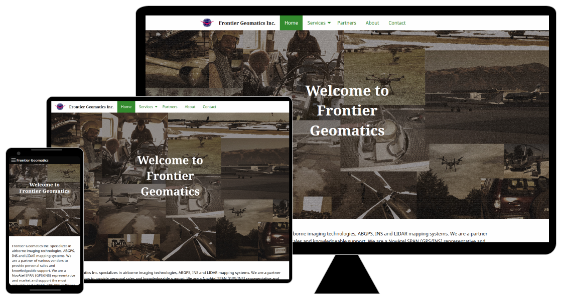 Frontier Geomatics Inc's website on a phone, tablet, and PC